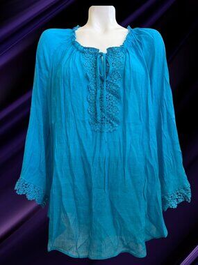 Counterparts Turquoise Crochet Lace Peasant Blouse XL NWT Boho Sheer Tunic Top